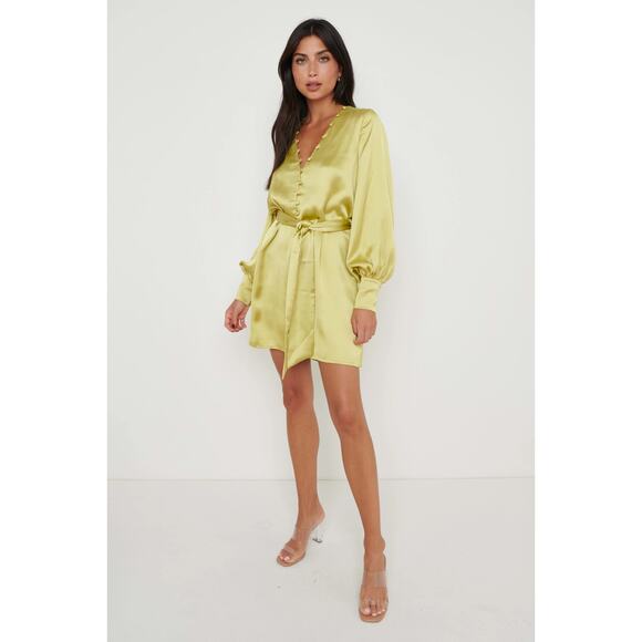 Pretty Lavish Chartreuse Remi Silky Button Down Long Sleeve Tie Dress Size 18 - Picture 1 of 13